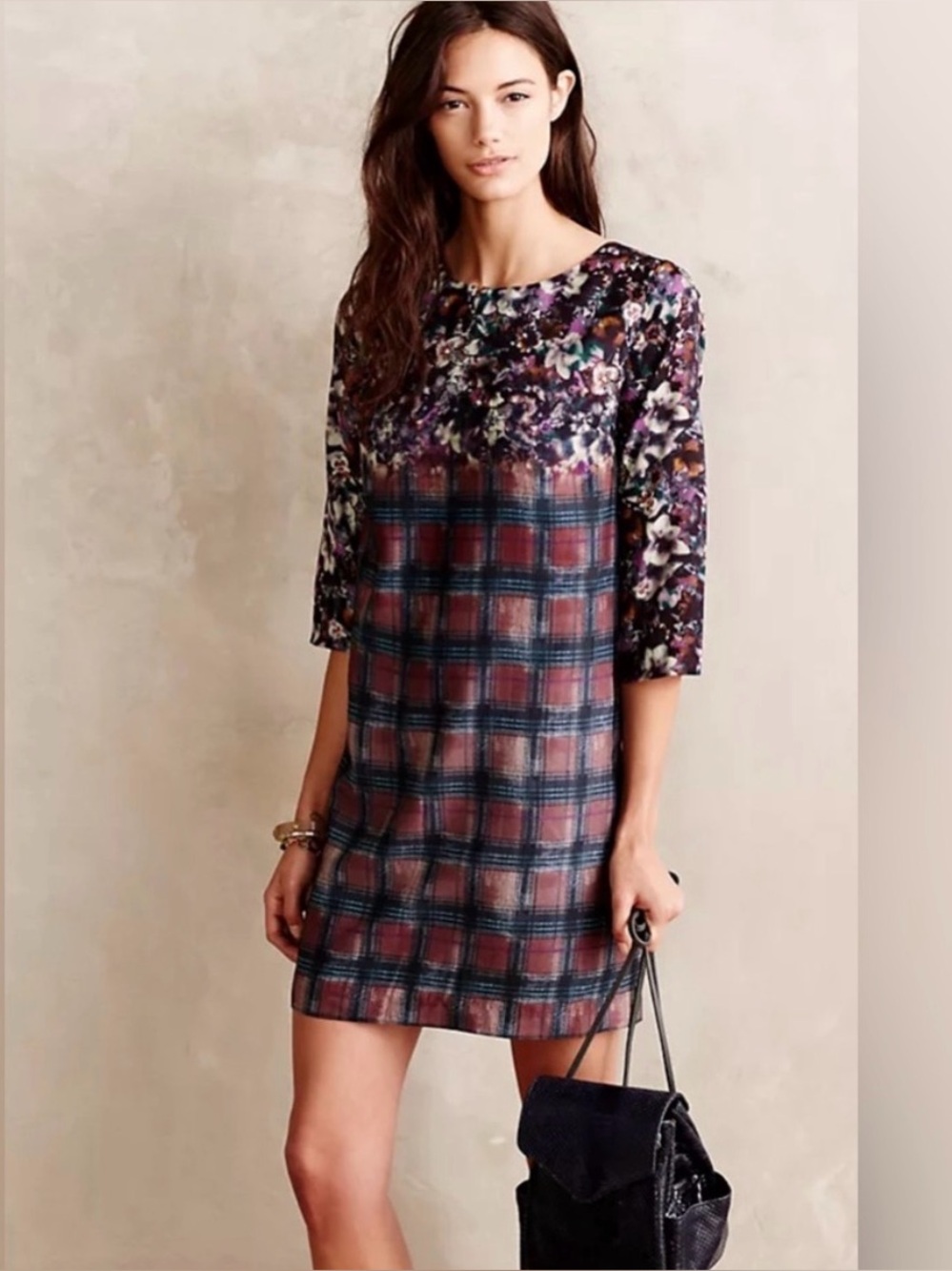 Anthropologie Maeve Windowbox Plaid Floral Fairy Grunge Boho Shift Dress Sz XSP